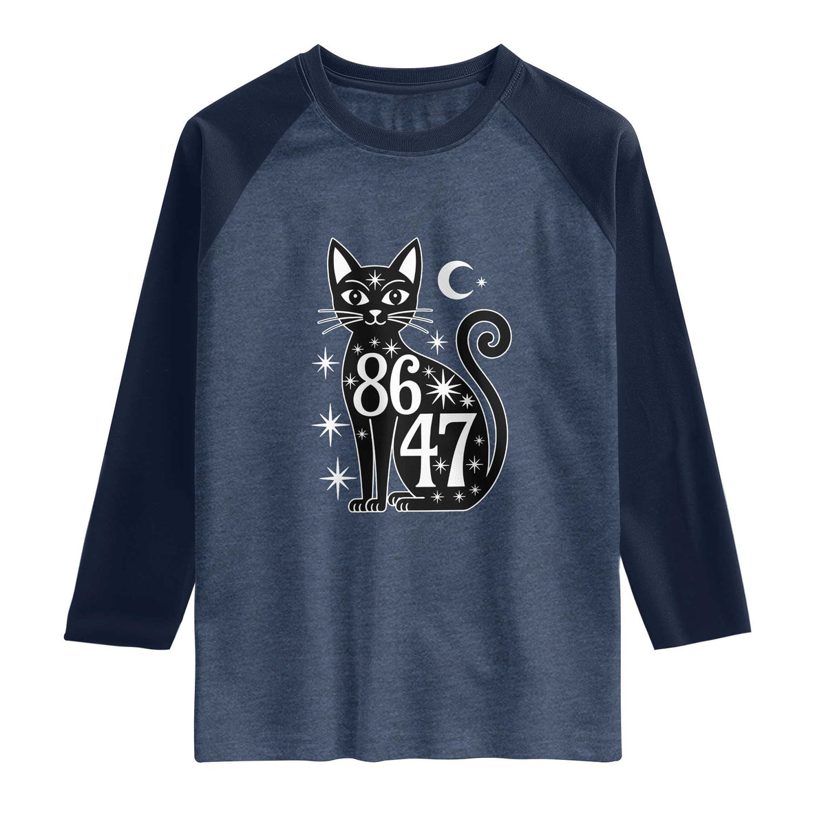 86 47 Celestial Black Cat Mystic Raglan Shirt Moon Stars Coded Political Satire