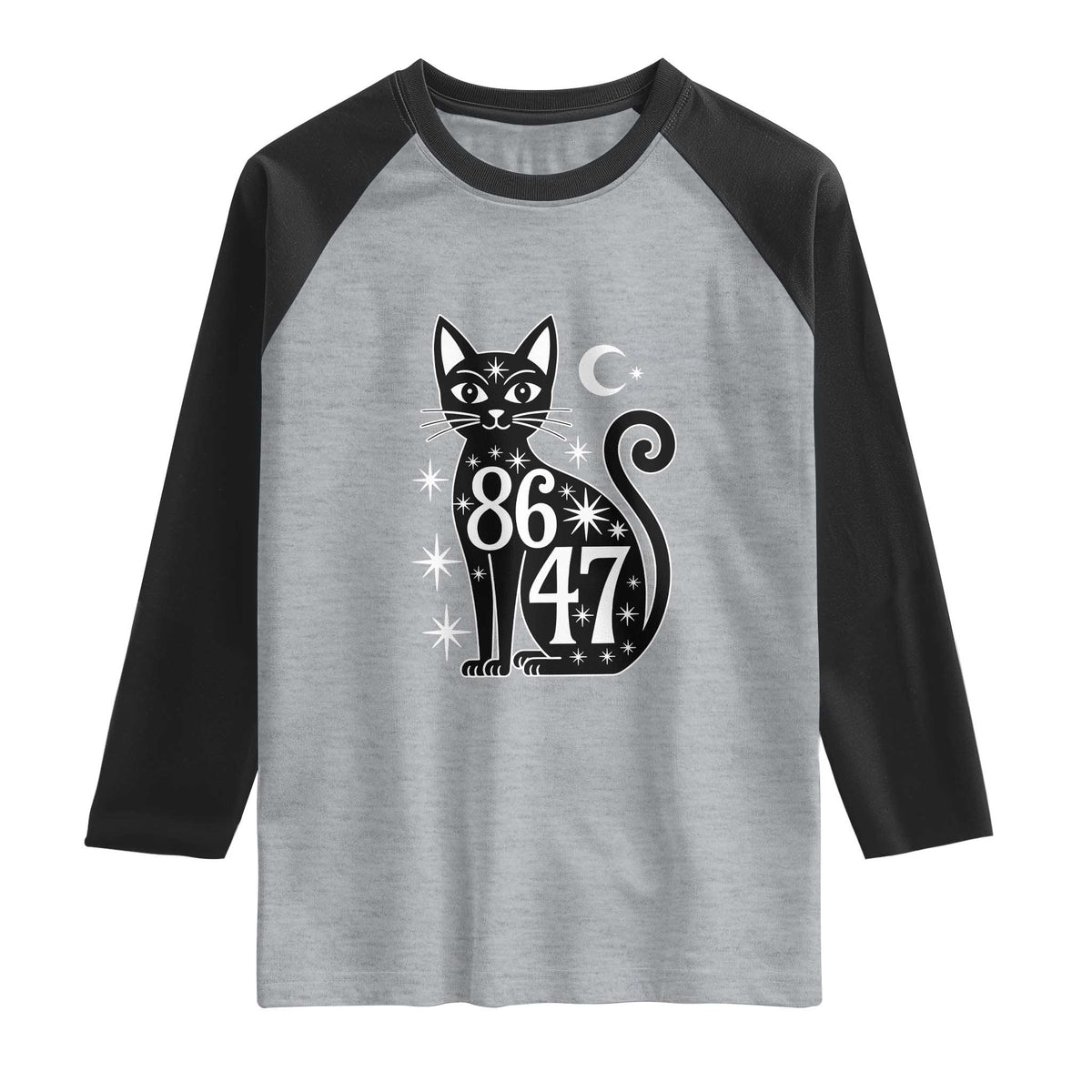 86 47 Celestial Black Cat Mystic Raglan Shirt Moon Stars Coded Political Satire