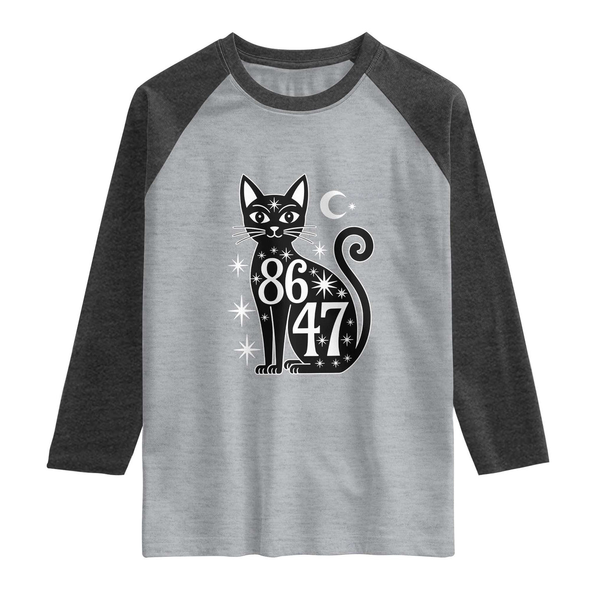 86 47 Celestial Black Cat Mystic Raglan Shirt Moon Stars Coded Political Satire