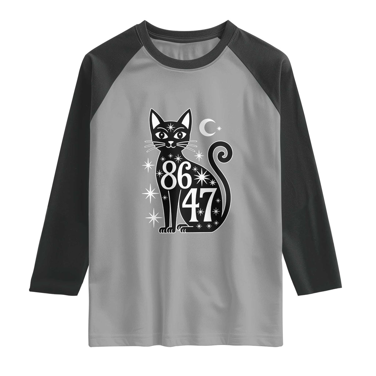 86 47 Celestial Black Cat Mystic Raglan Shirt Moon Stars Coded Political Satire