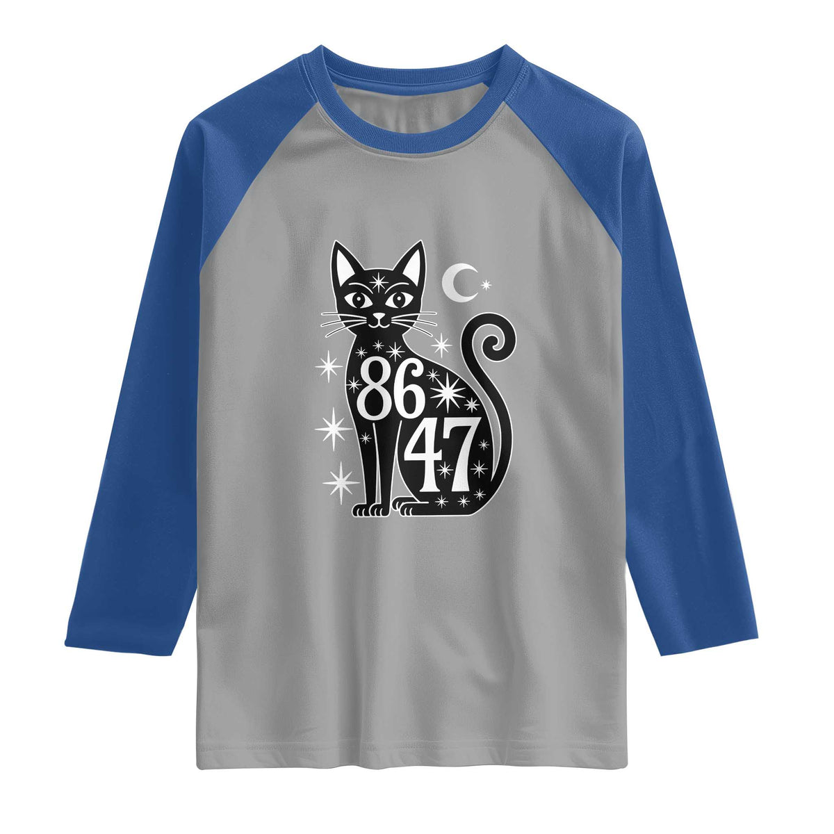 86 47 Celestial Black Cat Mystic Raglan Shirt Moon Stars Coded Political Satire