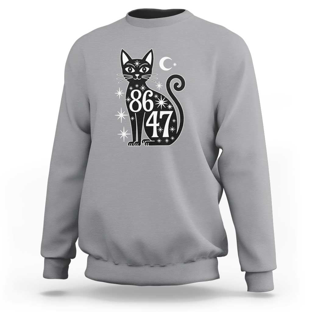 86 47 Celestial Black Cat Mystic Sweatshirt Moon Stars Coded Political Satire
