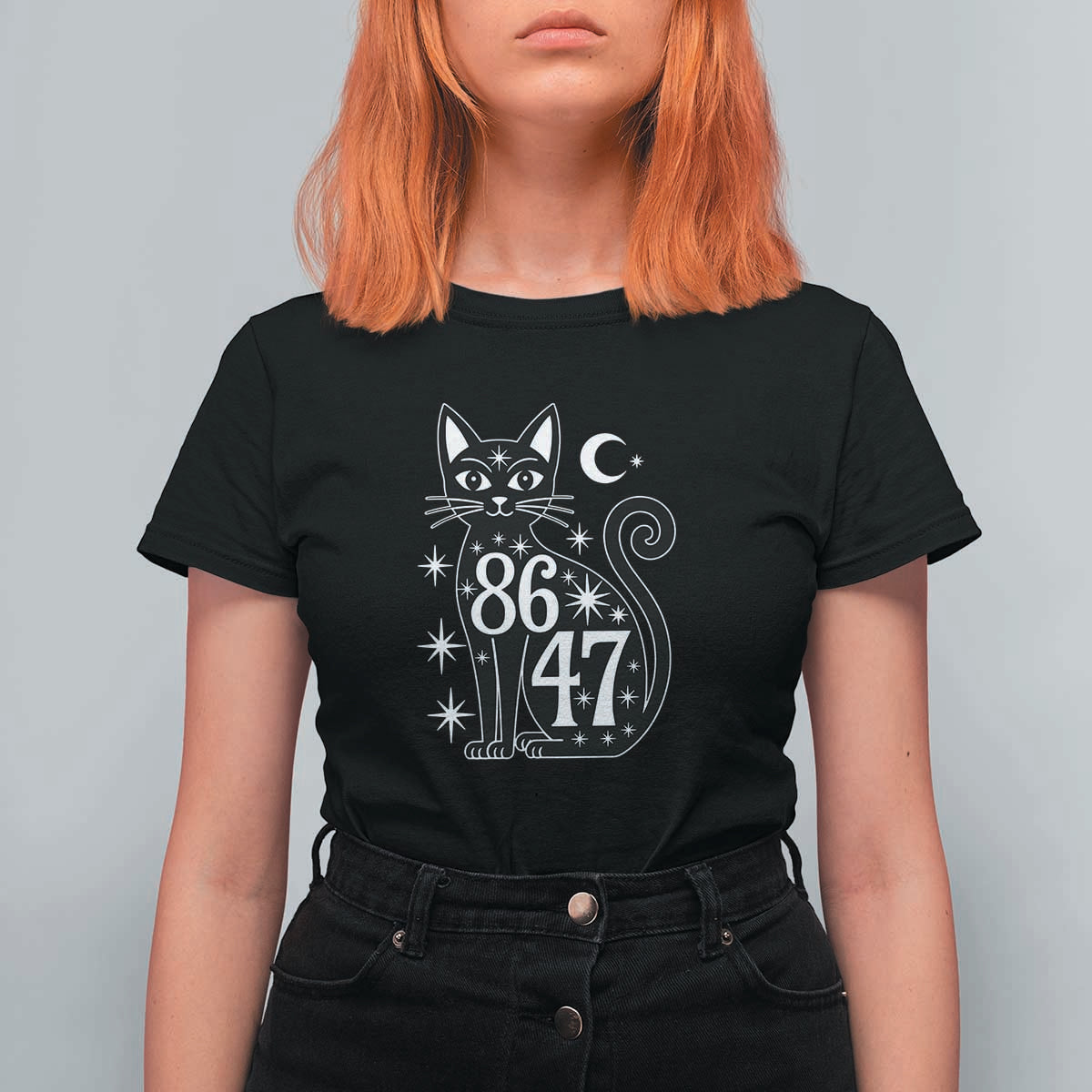 86 47 Celestial Black Cat Mystic T Shirt For Women Moon Stars Coded Political Satire