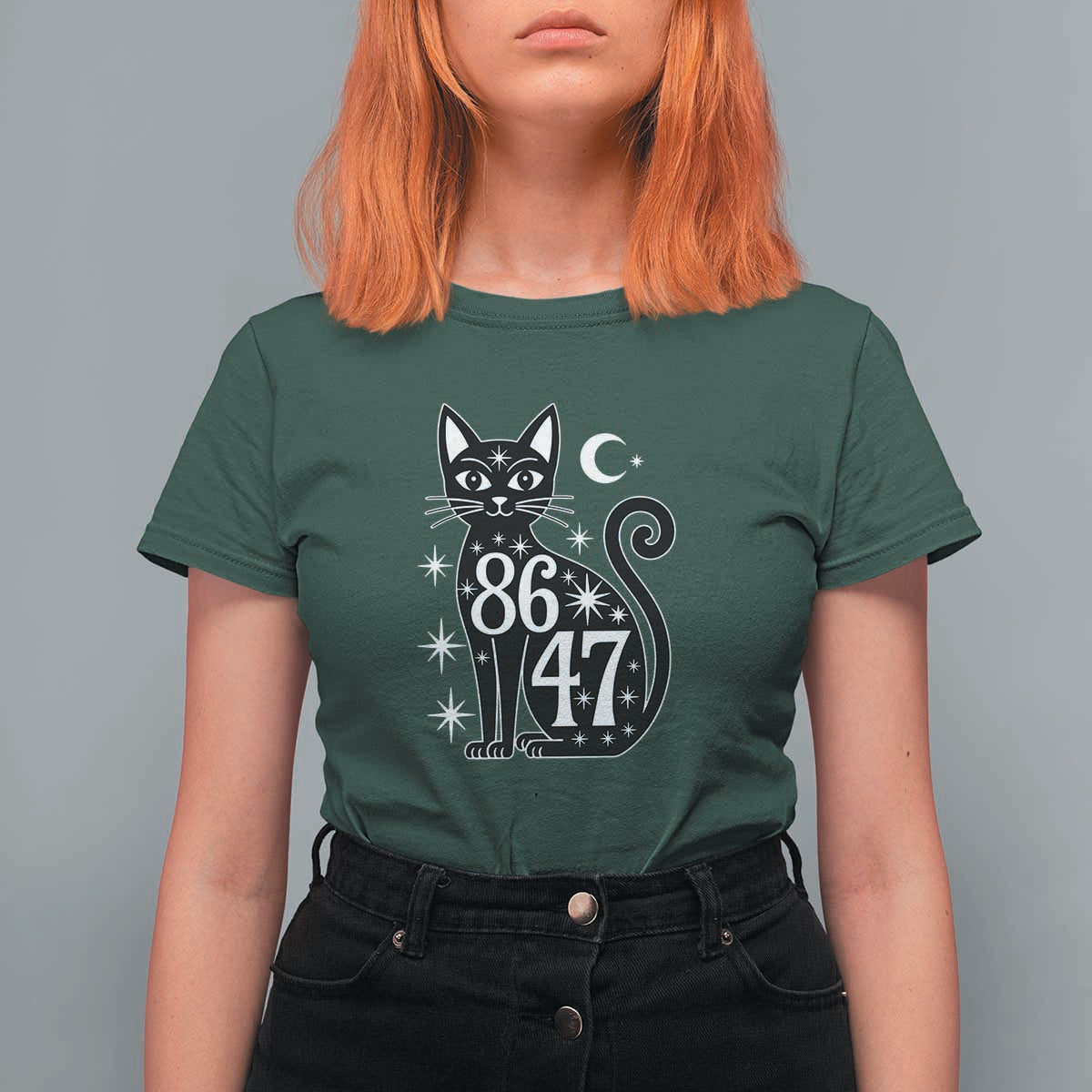 86 47 Celestial Black Cat Mystic T Shirt For Women Moon Stars Coded Political Satire