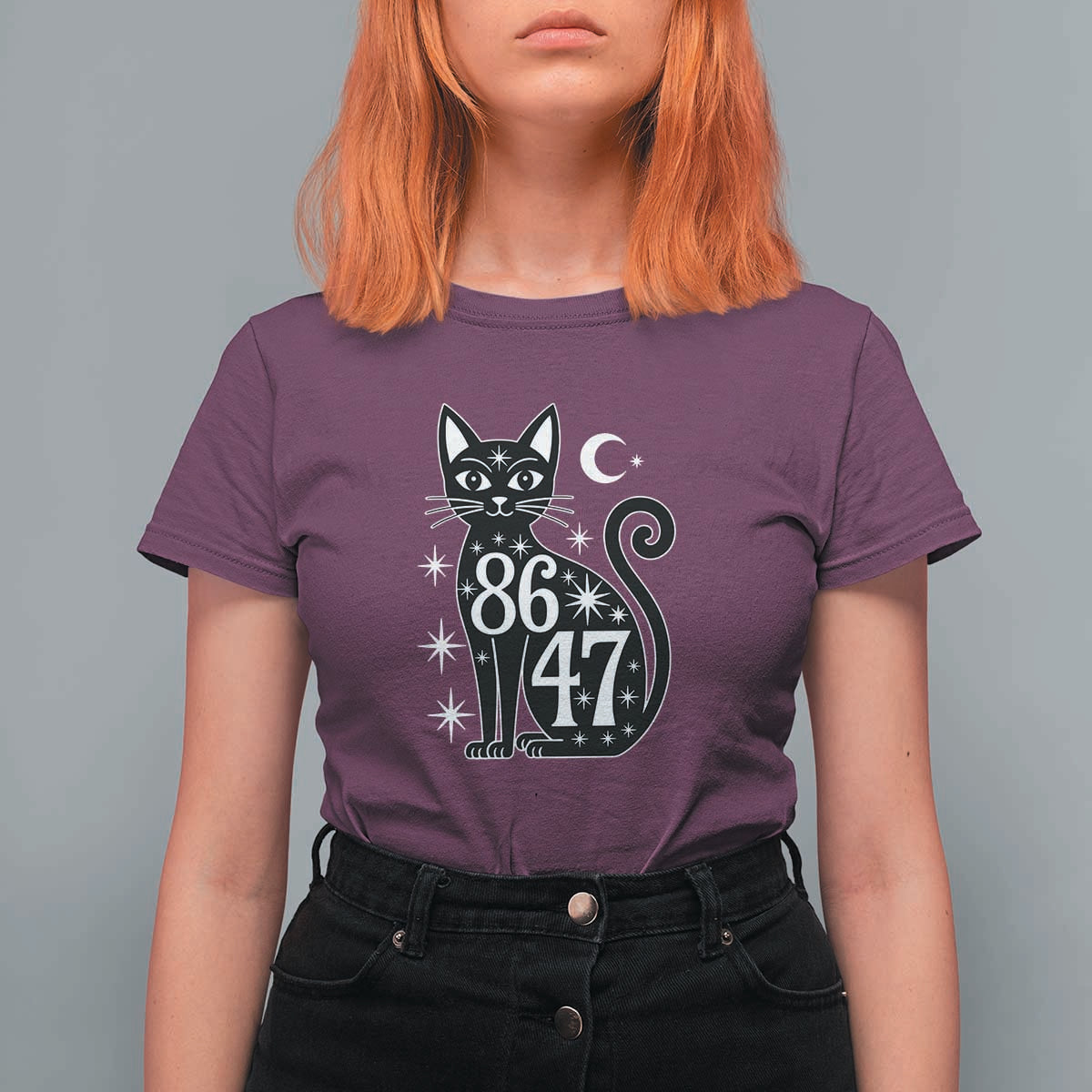 86 47 Celestial Black Cat Mystic T Shirt For Women Moon Stars Coded Political Satire
