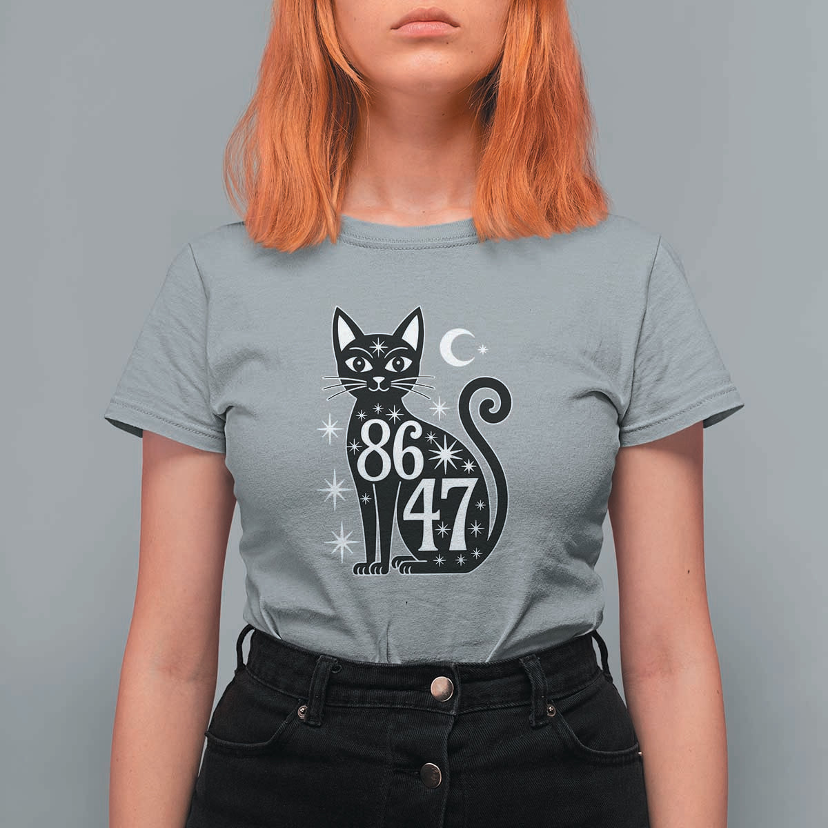 86 47 Celestial Black Cat Mystic T Shirt For Women Moon Stars Coded Political Satire