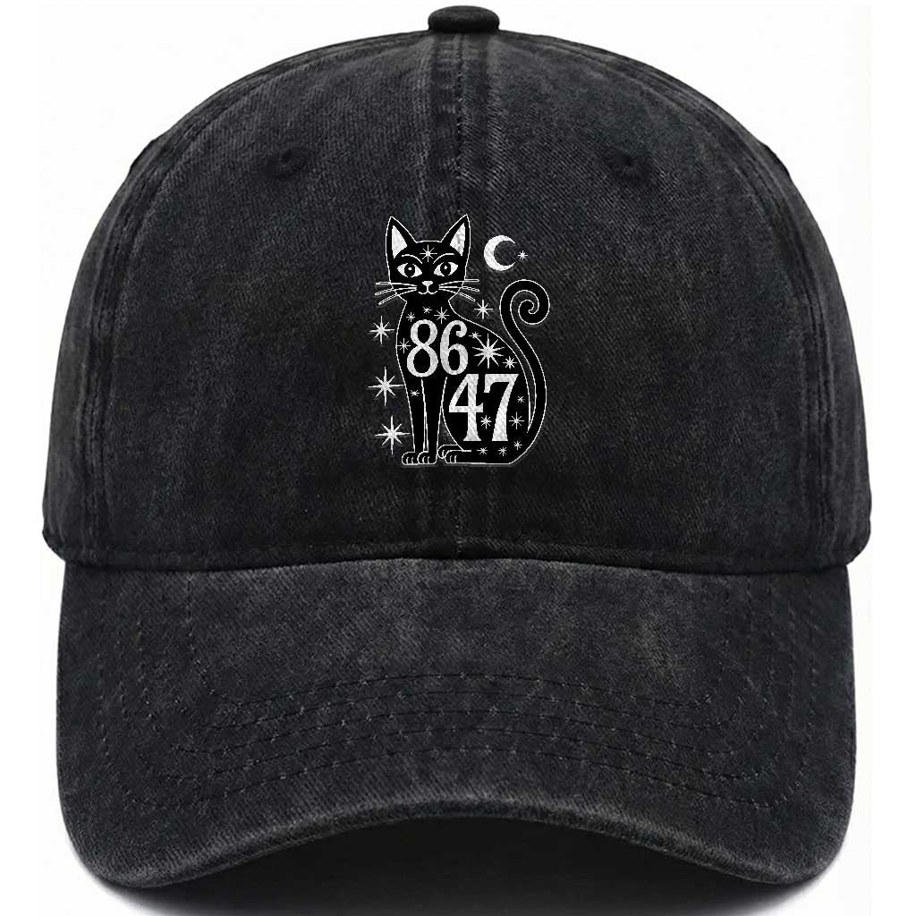86 47 Celestial Black Cat Mystic Washed Cotton Baseball Cap Moon Stars Coded Political Satire