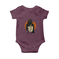 Is He Dead Yet Crow Holding Coffee Cup Baby Onesie Funny Dark Humor Political Satire
