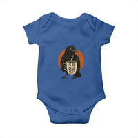 Is He Dead Yet Crow Holding Coffee Cup Baby Onesie Funny Dark Humor Political Satire