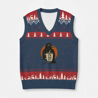 Is He Dead Yet Crow Holding Coffee Cup V-Neck Knit Sweater Vest Funny Dark Humor Political Satire