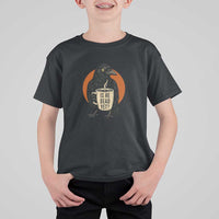 Is He Dead Yet Crow Holding Coffee Cup T Shirt For Kid Funny Dark Humor Political Satire