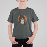 Is He Dead Yet Crow Holding Coffee Cup T Shirt For Kid Funny Dark Humor Political Satire