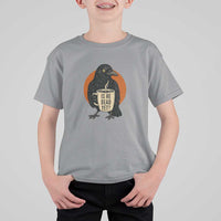 Is He Dead Yet Crow Holding Coffee Cup T Shirt For Kid Funny Dark Humor Political Satire