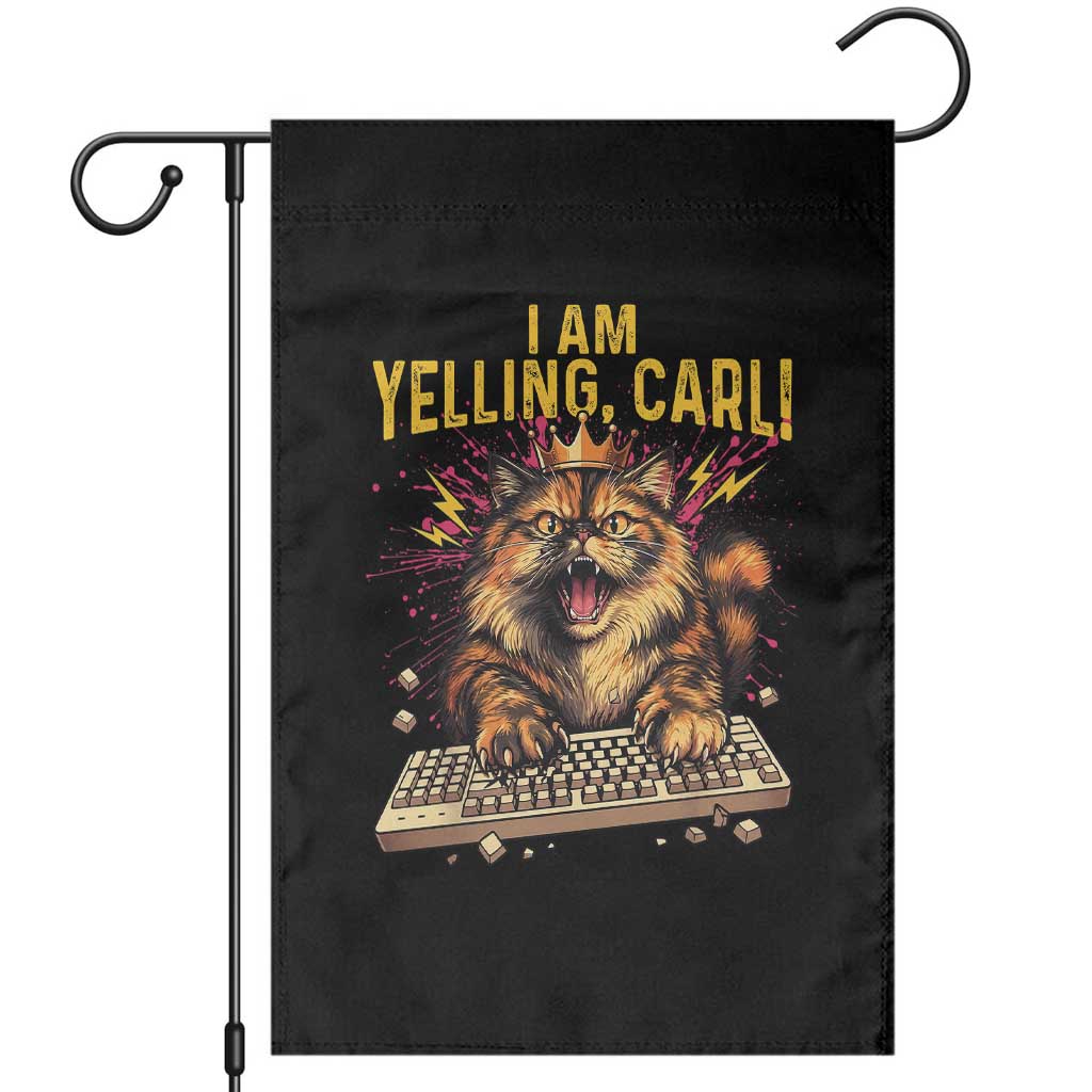 I Am Yelling Carl Graphic Garden Flag Funny Angry Cat Typing Keyboard Comic Retro