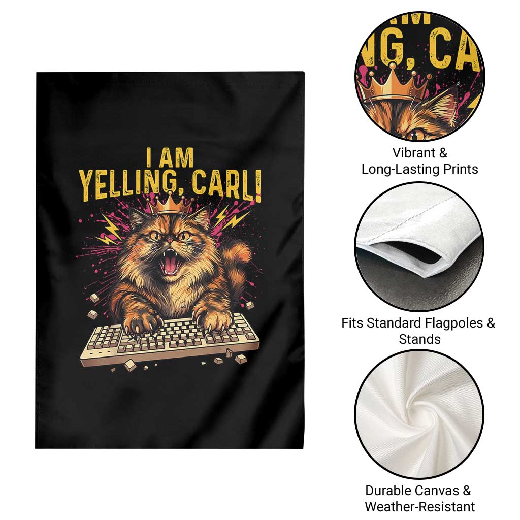 I Am Yelling Carl Graphic Garden Flag Funny Angry Cat Typing Keyboard Comic Retro