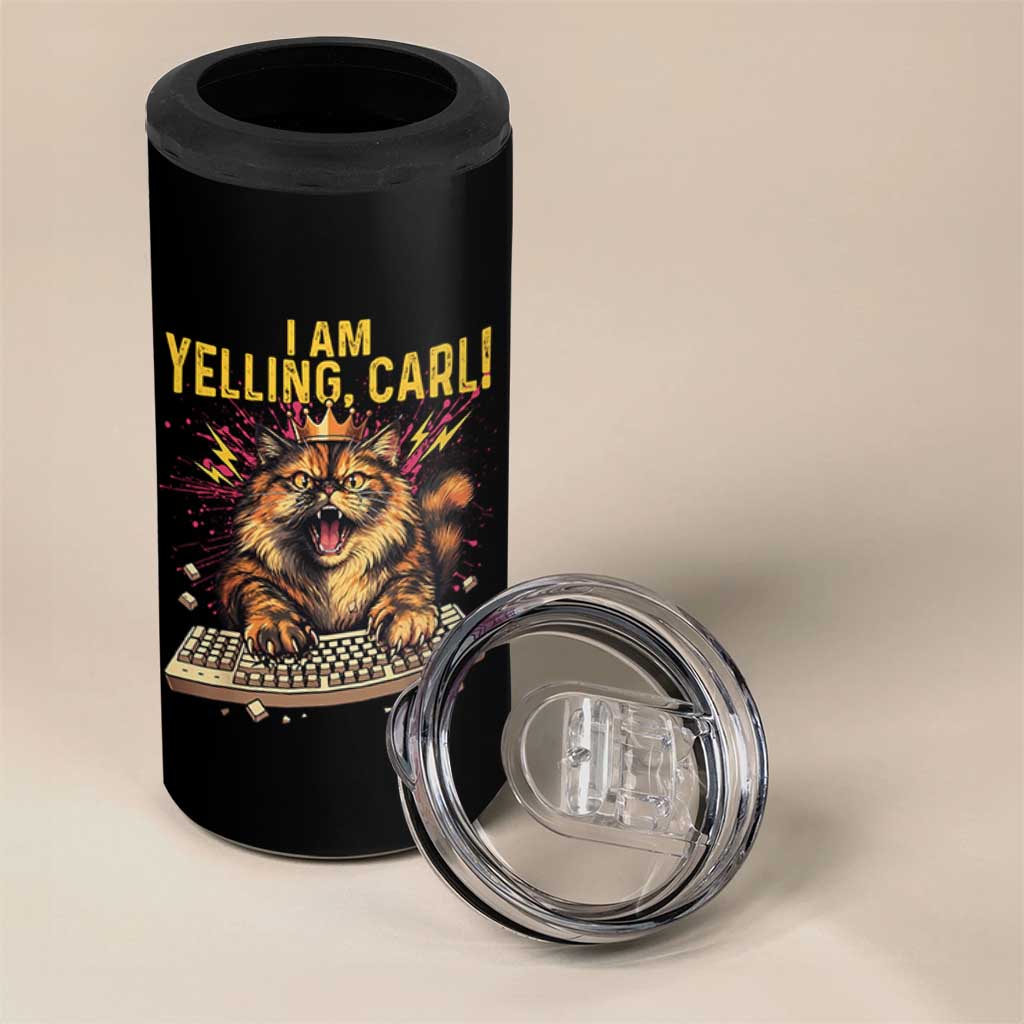 I Am Yelling Carl Graphic 4 in 1 Can Cooler Tumbler Funny Angry Cat Typing Keyboard Comic Retro