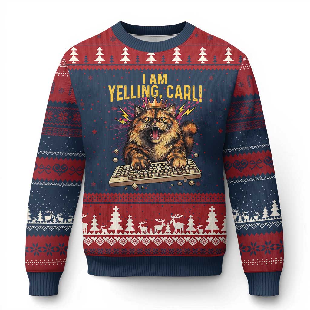 I Am Yelling Carl Graphic Ugly Christmas Sweater Funny Angry Cat Typing Keyboard Comic Retro