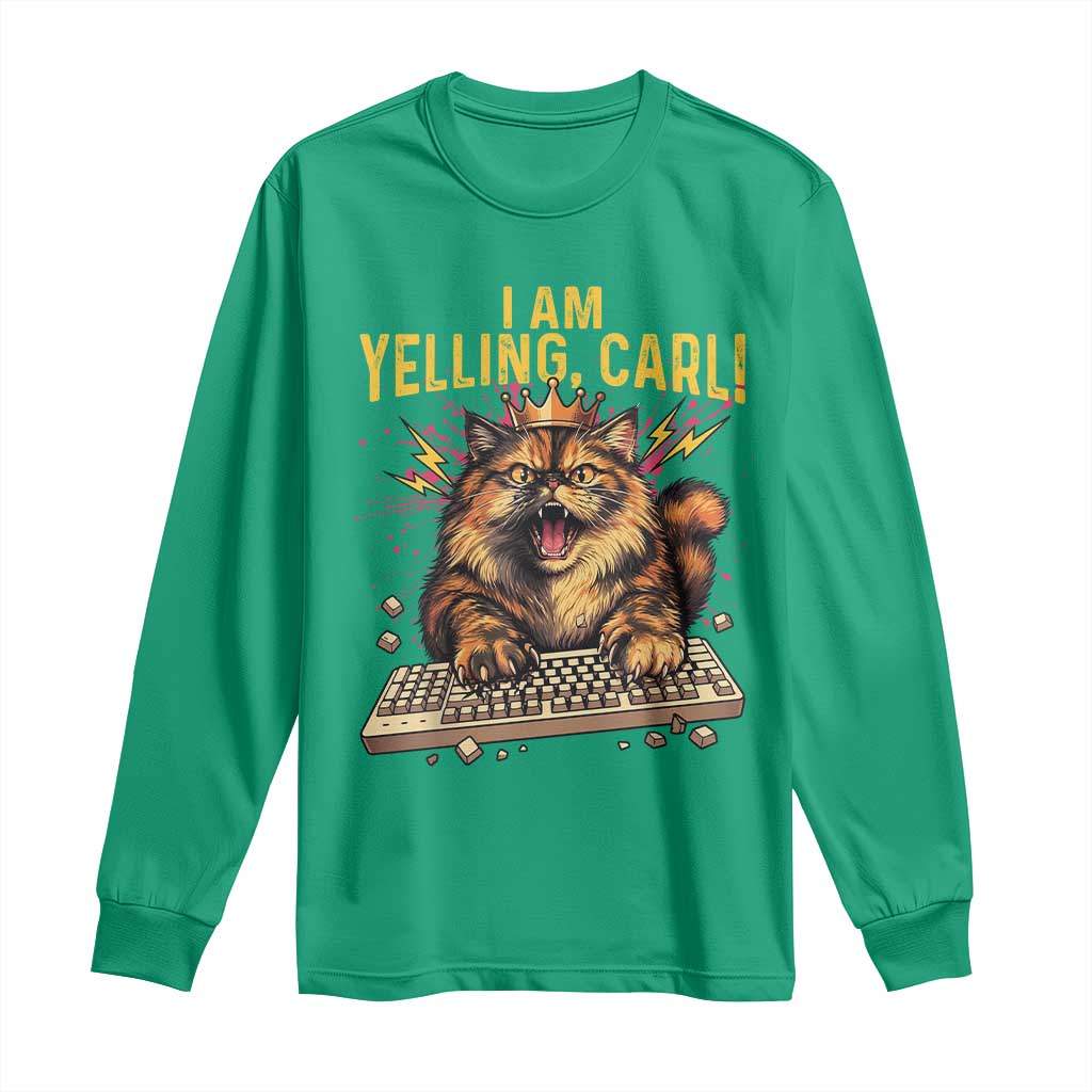 I Am Yelling Carl Graphic Long Sleeve Shirt Funny Angry Cat Typing Keyboard Comic Retro