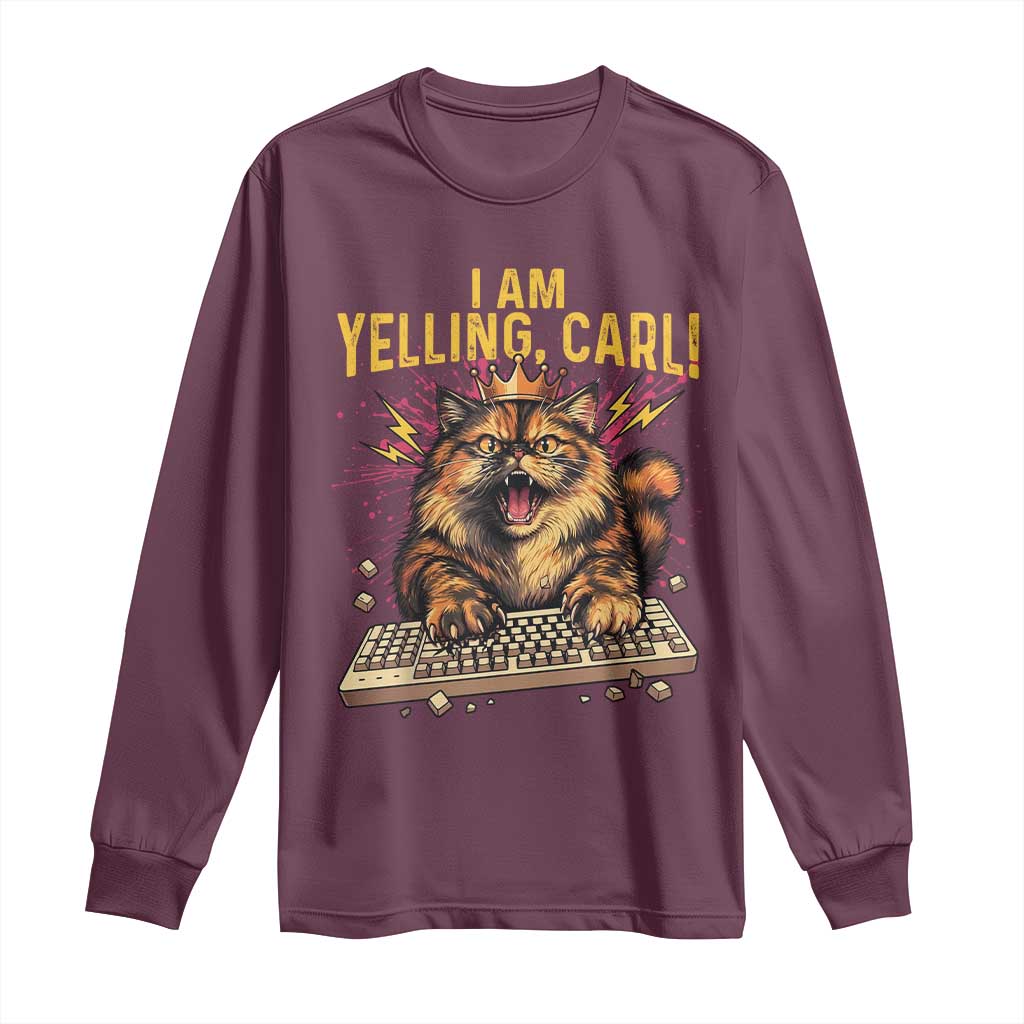 I Am Yelling Carl Graphic Long Sleeve Shirt Funny Angry Cat Typing Keyboard Comic Retro