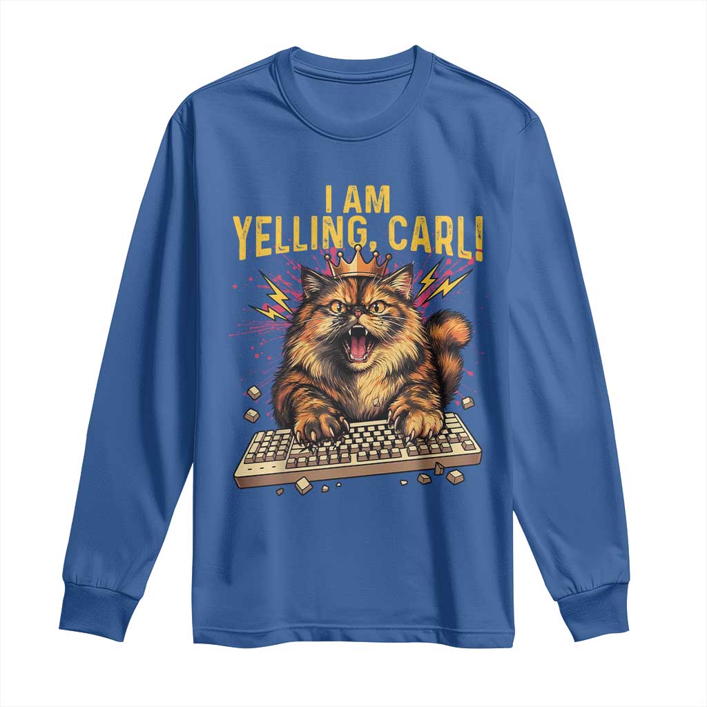 I Am Yelling Carl Graphic Long Sleeve Shirt Funny Angry Cat Typing Keyboard Comic Retro