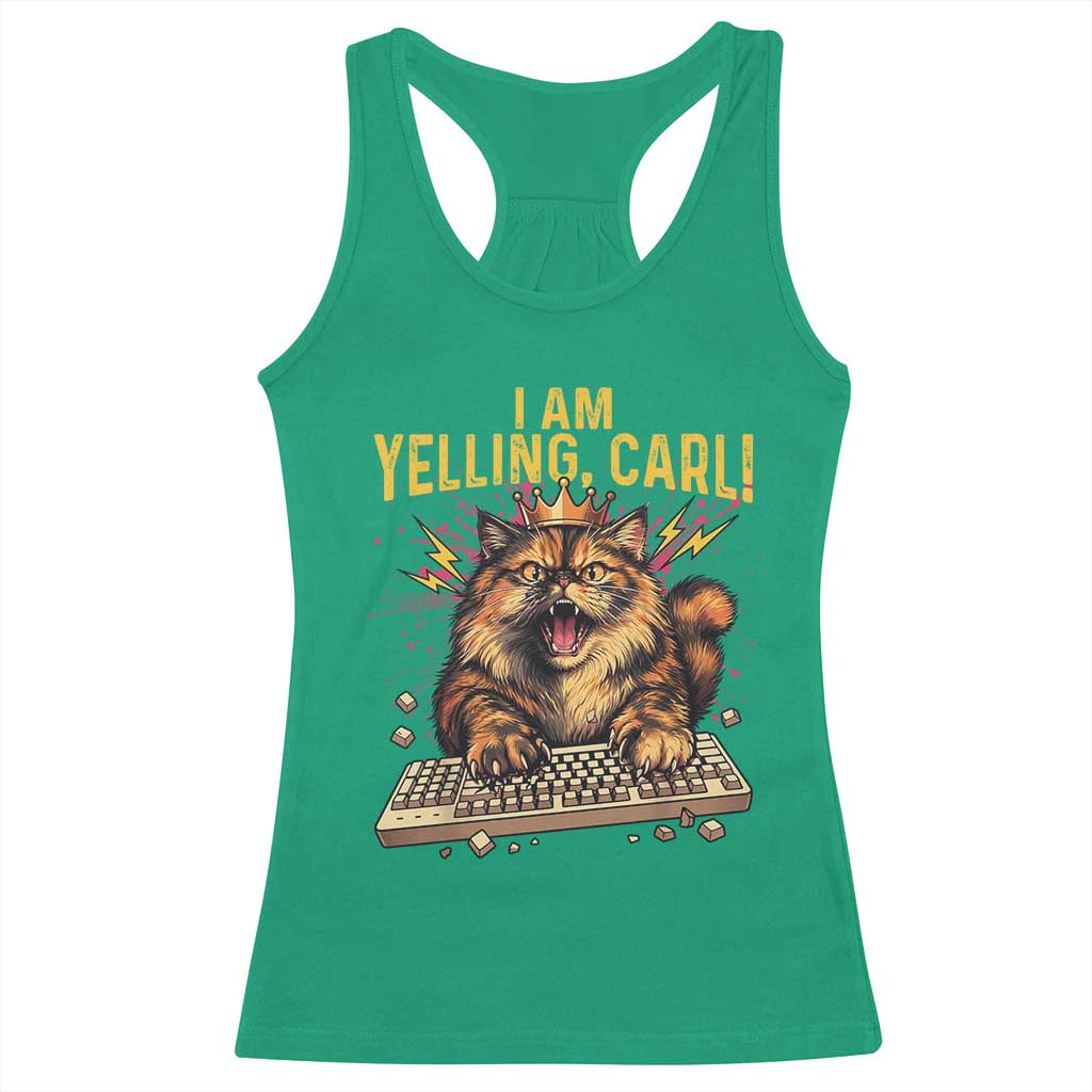 I Am Yelling Carl Graphic Racerback Tank Top Funny Angry Cat Typing Keyboard Comic Retro