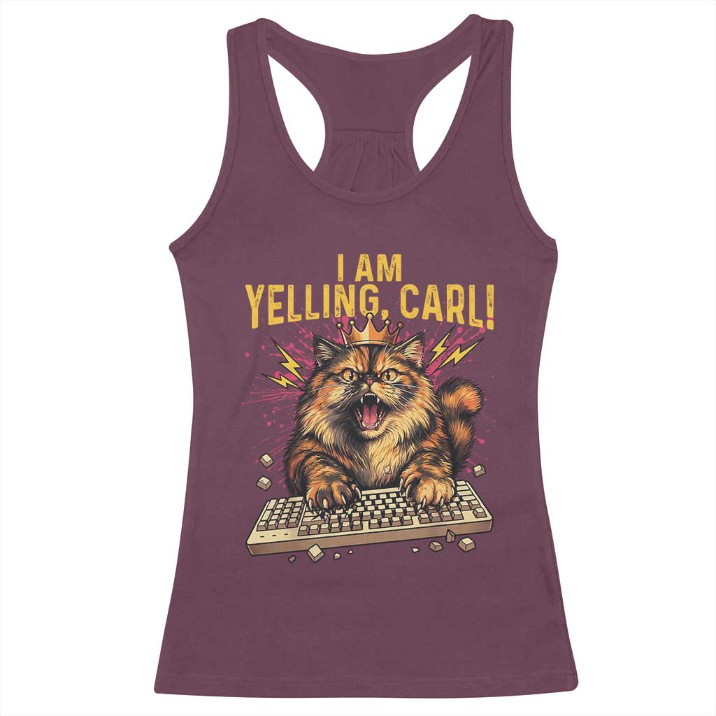 I Am Yelling Carl Graphic Racerback Tank Top Funny Angry Cat Typing Keyboard Comic Retro