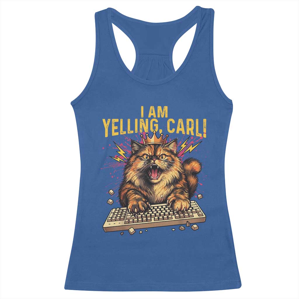 I Am Yelling Carl Graphic Racerback Tank Top Funny Angry Cat Typing Keyboard Comic Retro