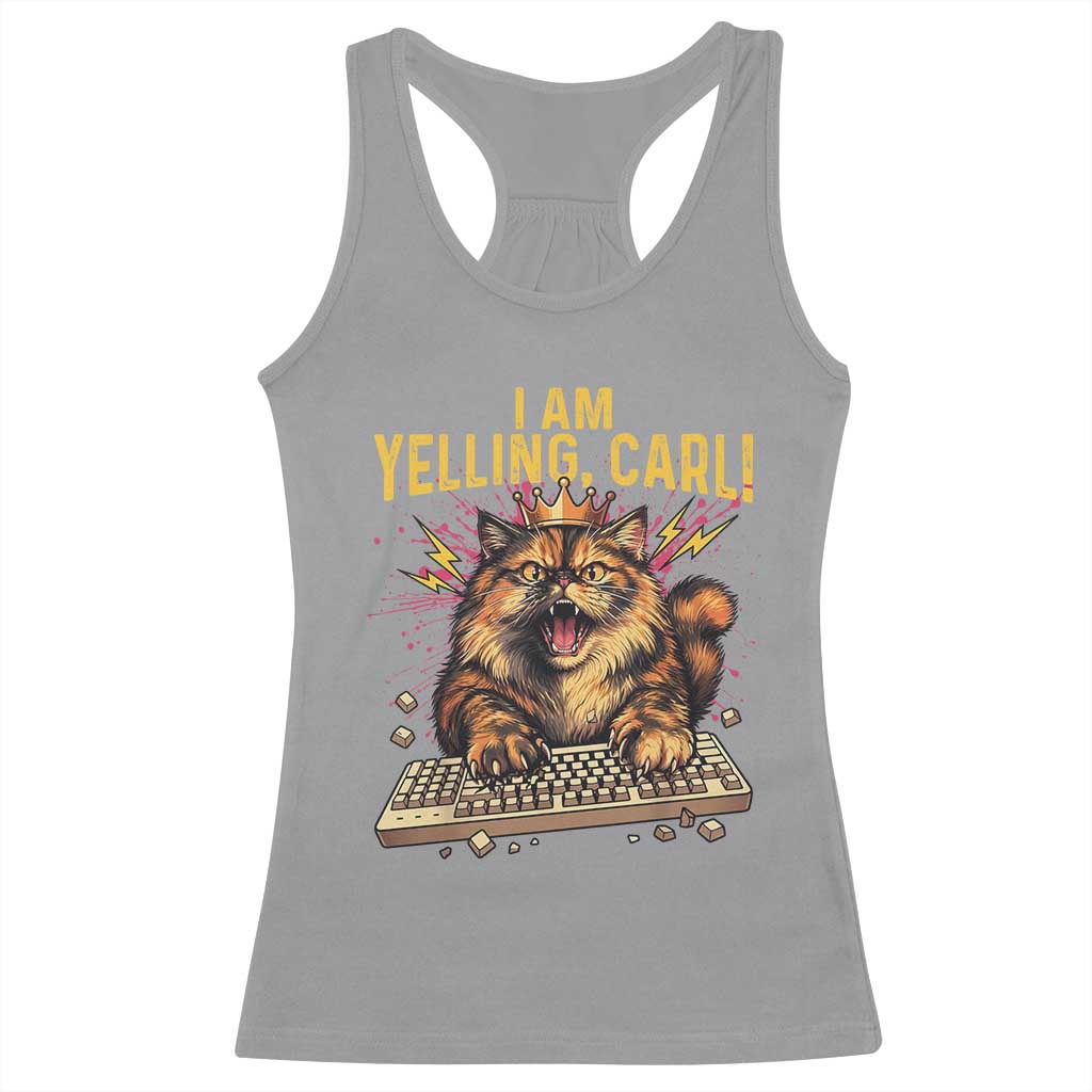 I Am Yelling Carl Graphic Racerback Tank Top Funny Angry Cat Typing Keyboard Comic Retro