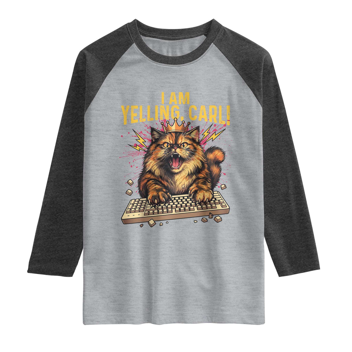 I Am Yelling Carl Graphic Raglan Shirt Funny Angry Cat Typing Keyboard Comic Retro