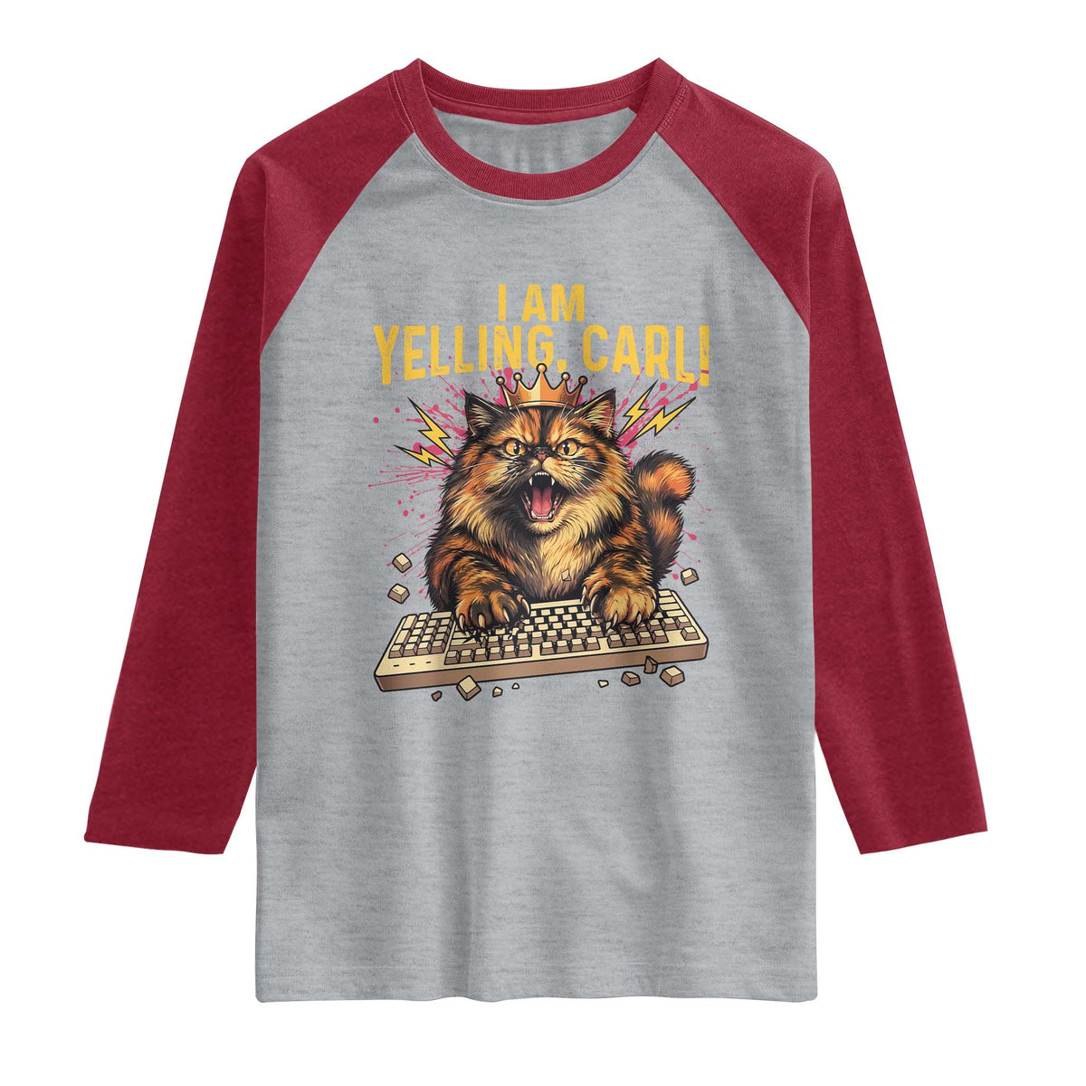 I Am Yelling Carl Graphic Raglan Shirt Funny Angry Cat Typing Keyboard Comic Retro