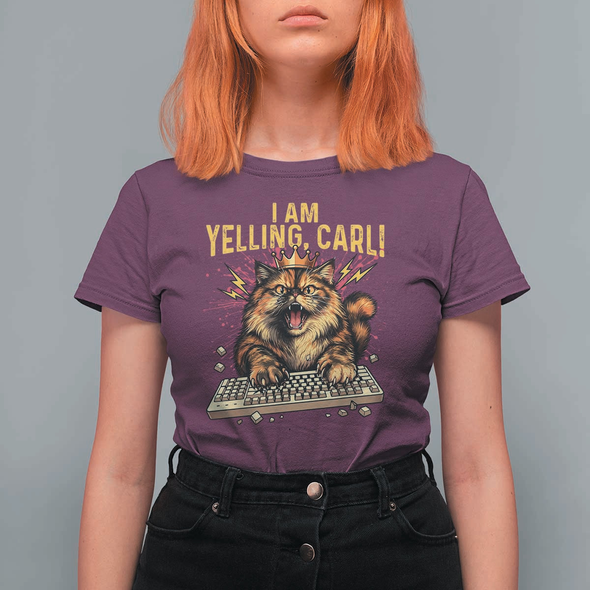 I Am Yelling Carl Graphic T Shirt For Women Funny Angry Cat Typing Keyboard Comic Retro