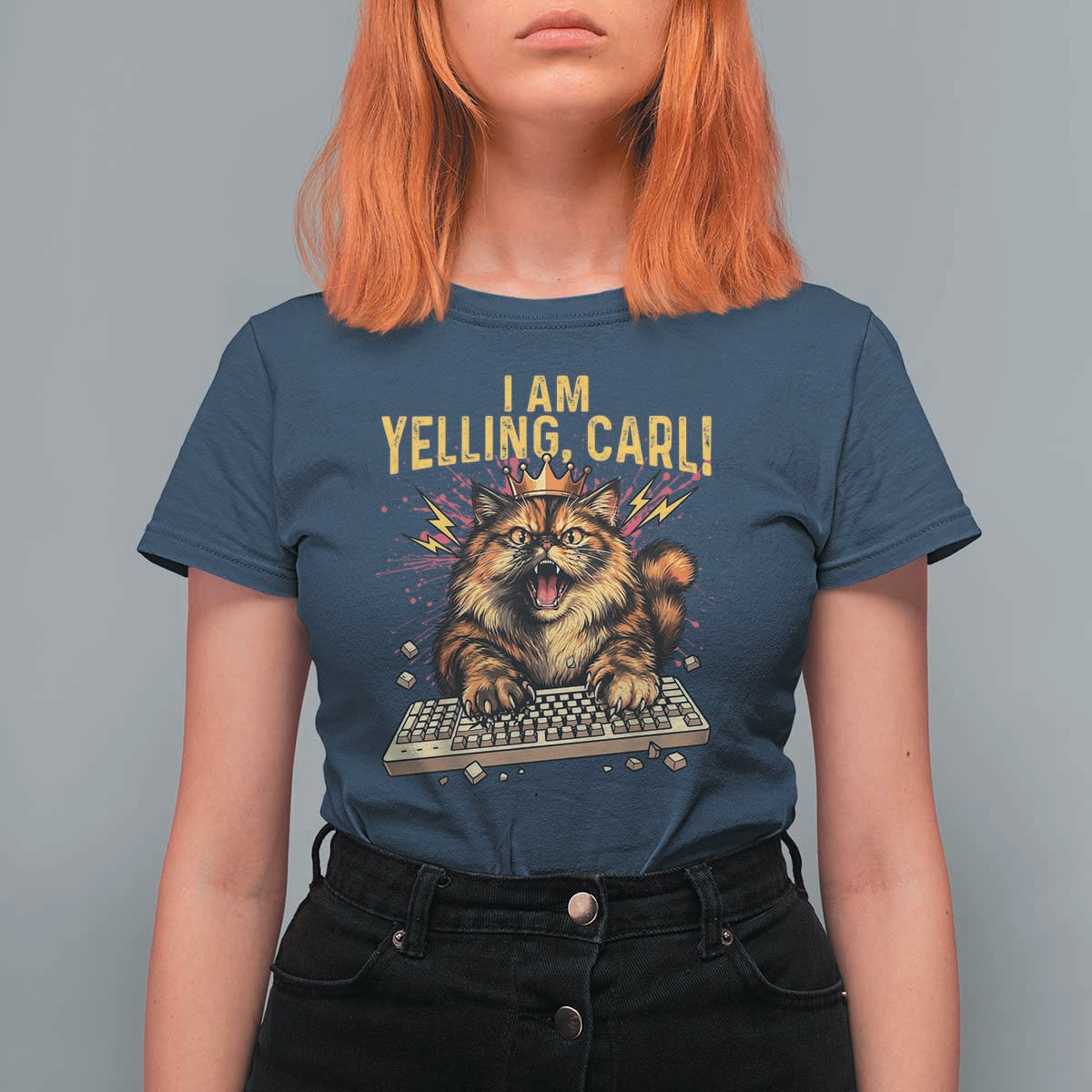 I Am Yelling Carl Graphic T Shirt For Women Funny Angry Cat Typing Keyboard Comic Retro