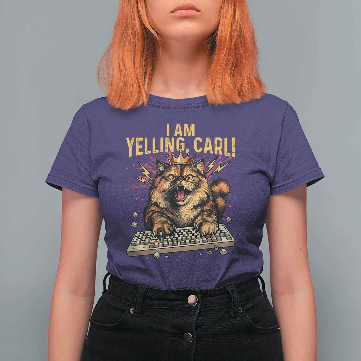 I Am Yelling Carl Graphic T Shirt For Women Funny Angry Cat Typing Keyboard Comic Retro