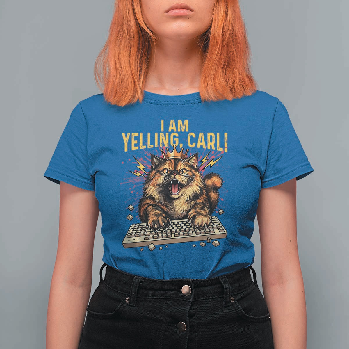 I Am Yelling Carl Graphic T Shirt For Women Funny Angry Cat Typing Keyboard Comic Retro