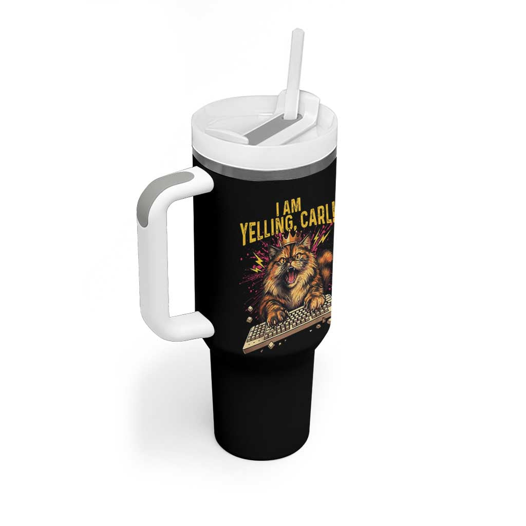 I Am Yelling Carl Graphic Tumbler With Handle Funny Angry Cat Typing Keyboard Comic Retro
