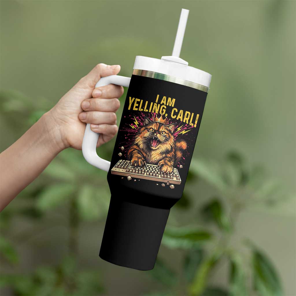 I Am Yelling Carl Graphic Tumbler With Handle Funny Angry Cat Typing Keyboard Comic Retro