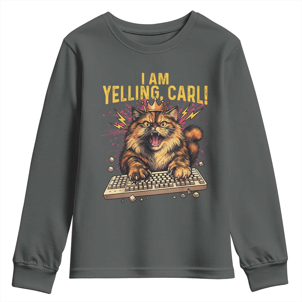 I Am Yelling Carl Graphic Youth Sweatshirt Funny Angry Cat Typing Keyboard Comic Retro