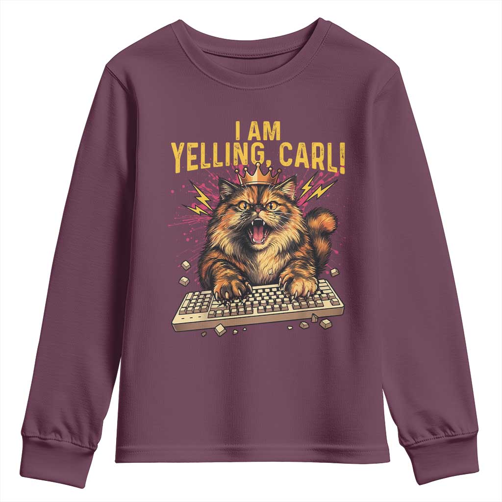 I Am Yelling Carl Graphic Youth Sweatshirt Funny Angry Cat Typing Keyboard Comic Retro