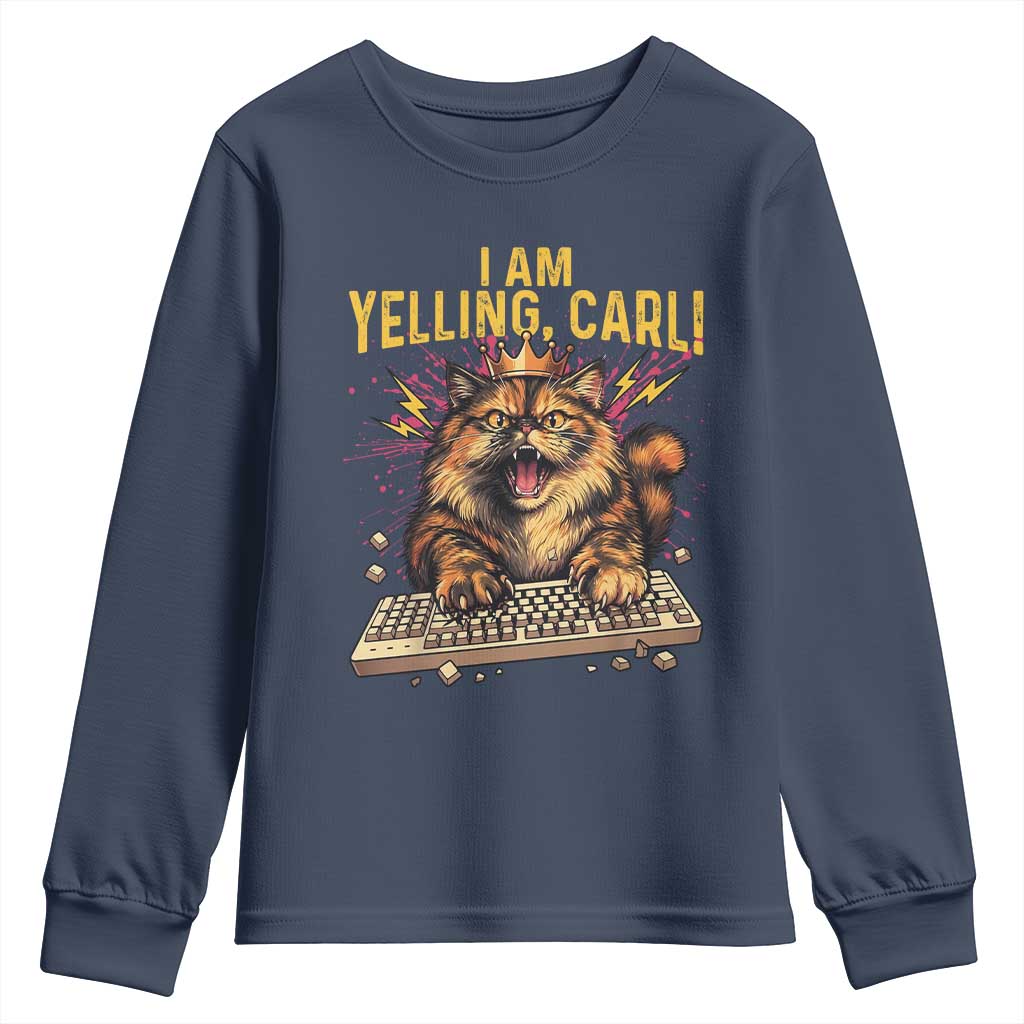 I Am Yelling Carl Graphic Youth Sweatshirt Funny Angry Cat Typing Keyboard Comic Retro