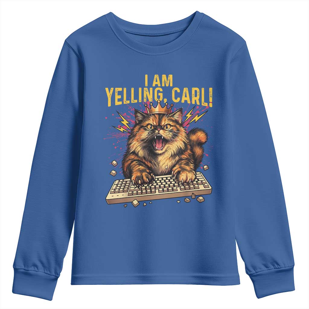 I Am Yelling Carl Graphic Youth Sweatshirt Funny Angry Cat Typing Keyboard Comic Retro
