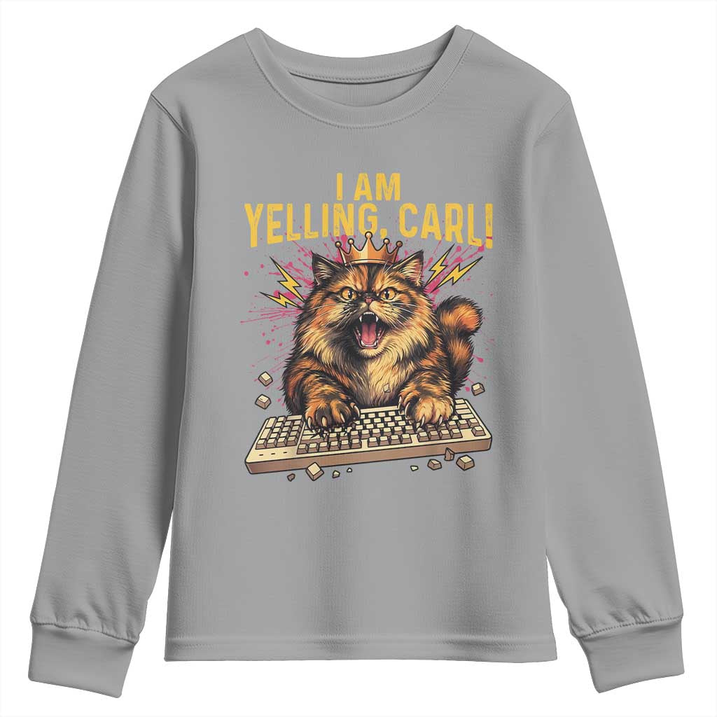 I Am Yelling Carl Graphic Youth Sweatshirt Funny Angry Cat Typing Keyboard Comic Retro