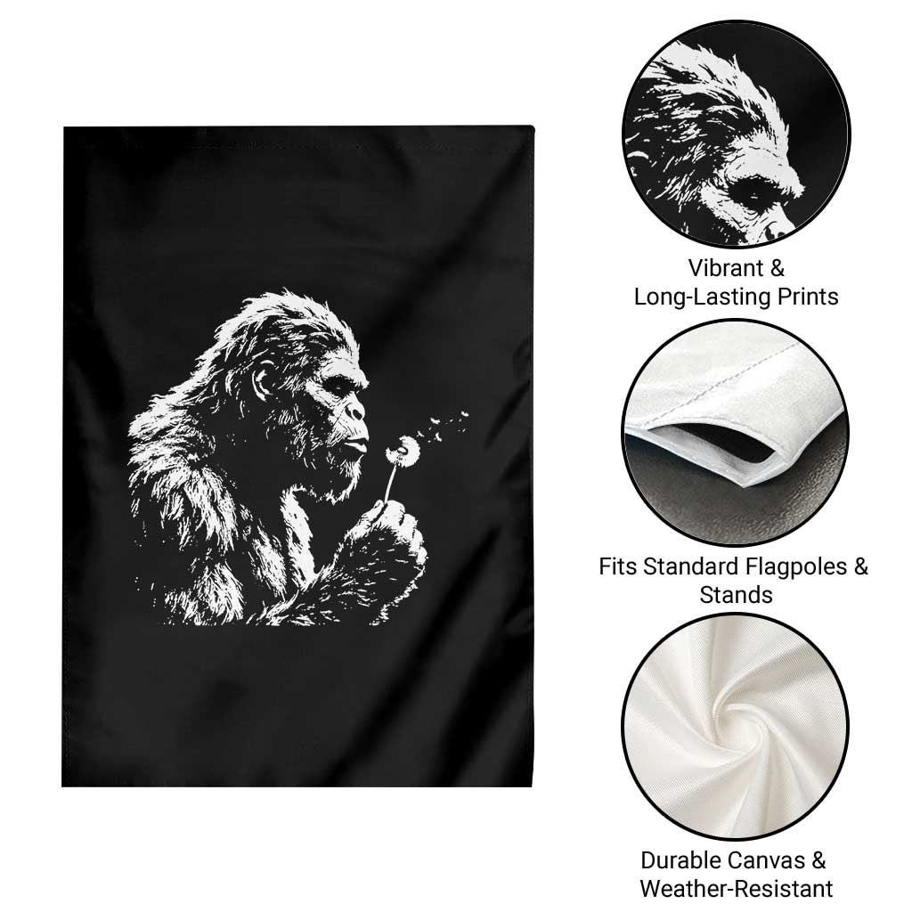 Bigfoot Blowing Dandelion Flower Graphic Garden Flag Whimsical Sasquatch Profile Artistic Vintage Distressed