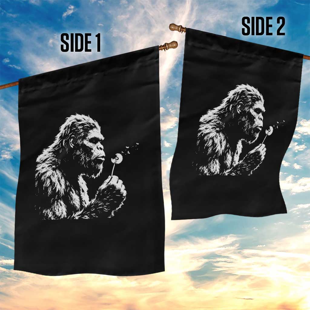Bigfoot Blowing Dandelion Flower Graphic Garden Flag Whimsical Sasquatch Profile Artistic Vintage Distressed