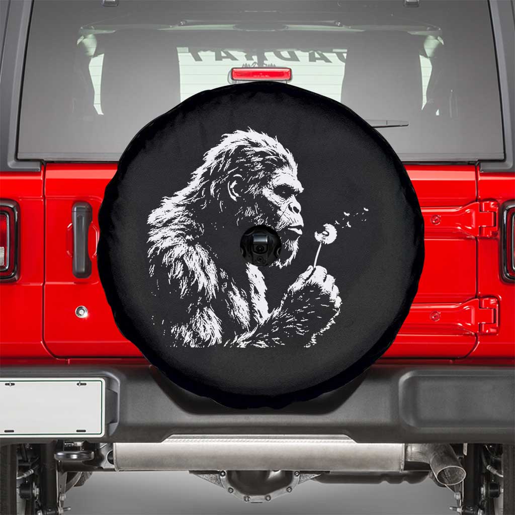 Bigfoot Blowing Dandelion Flower Graphic Spare Tire Cover Whimsical Sasquatch Profile Artistic Vintage Distressed