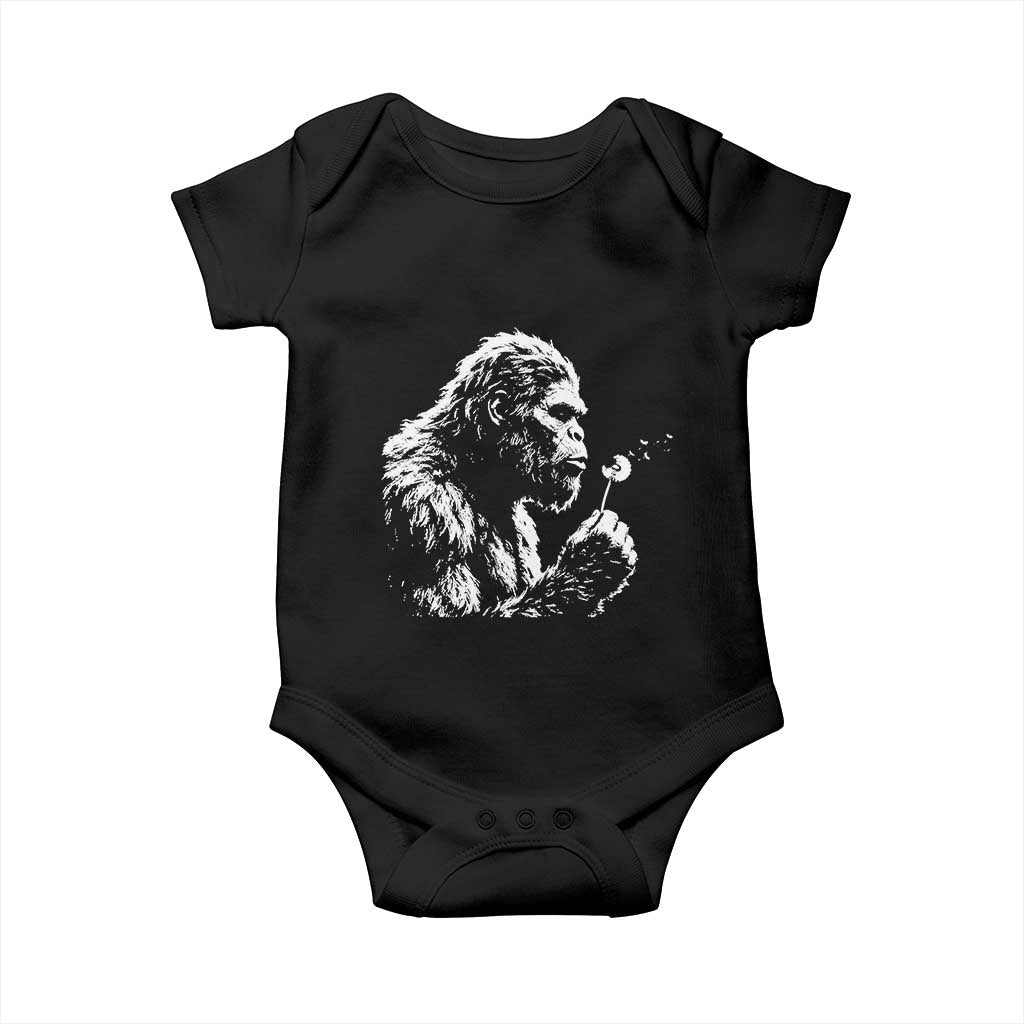 Bigfoot Blowing Dandelion Flower Graphic Baby Onesie Whimsical Sasquatch Profile Artistic Vintage Distressed