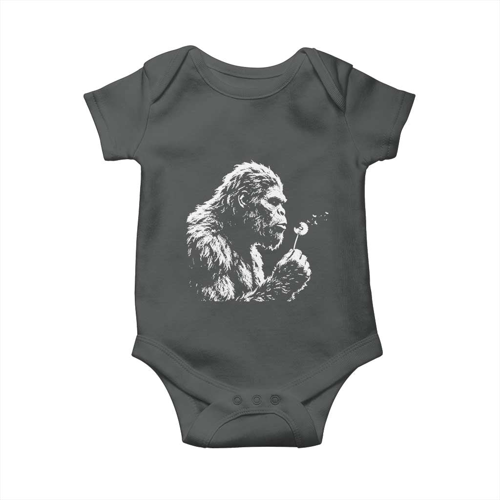 Bigfoot Blowing Dandelion Flower Graphic Baby Onesie Whimsical Sasquatch Profile Artistic Vintage Distressed