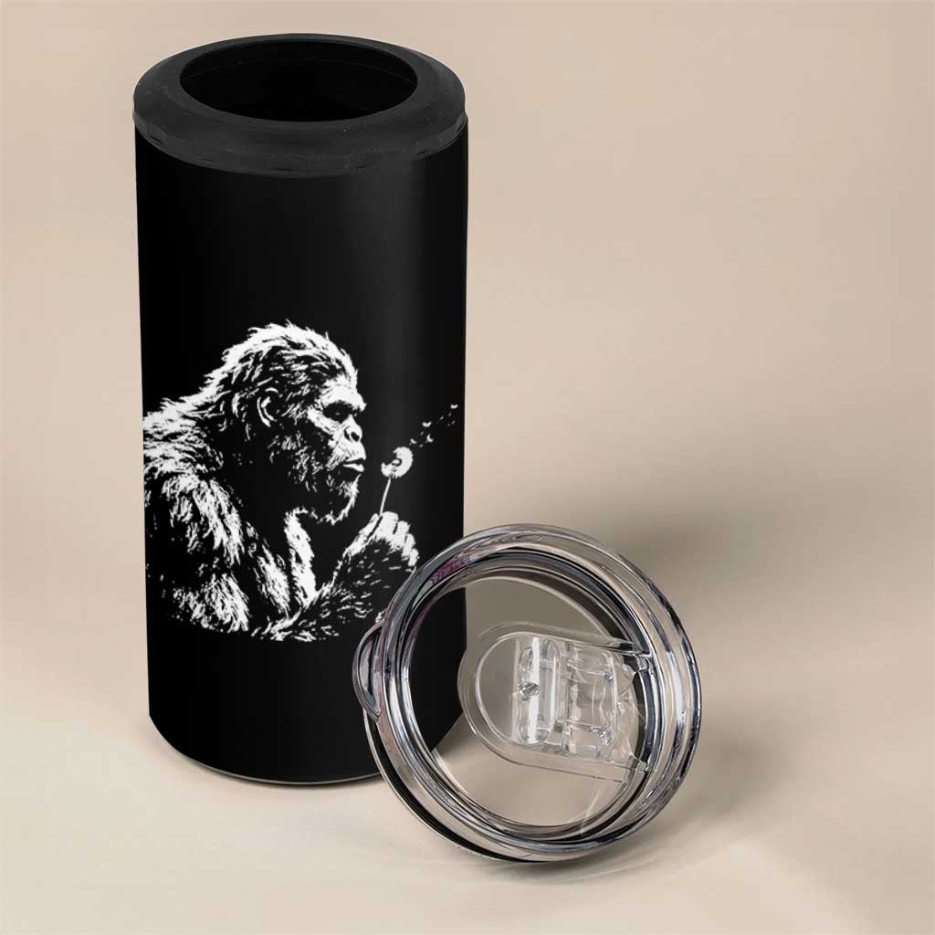 Bigfoot Blowing Dandelion Flower Graphic 4 in 1 Can Cooler Tumbler Whimsical Sasquatch Profile Artistic Vintage Distressed