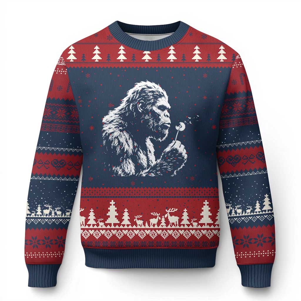 Bigfoot Blowing Dandelion Flower Graphic Ugly Christmas Sweater Whimsical Sasquatch Profile Artistic Vintage Distressed