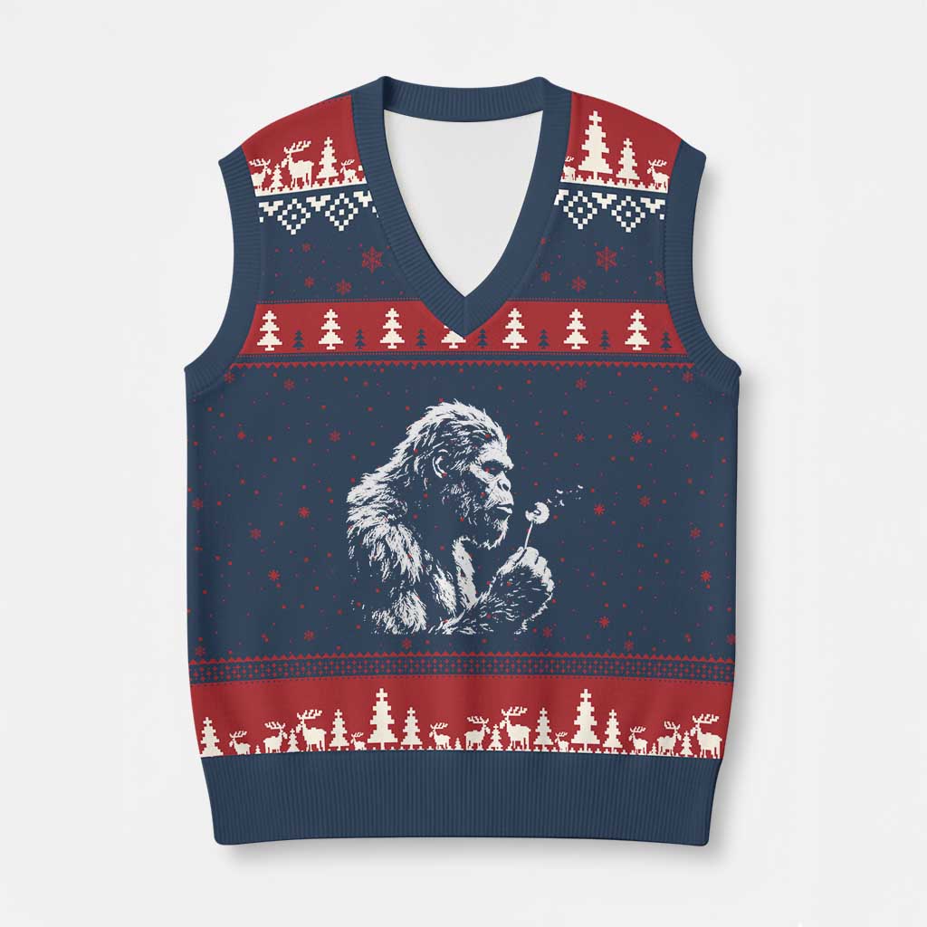 Bigfoot Blowing Dandelion Flower Graphic V-Neck Knit Sweater Vest Whimsical Sasquatch Profile Artistic Vintage Distressed