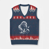 Bigfoot Blowing Dandelion Flower Graphic V-Neck Knit Sweater Vest Whimsical Sasquatch Profile Artistic Vintage Distressed